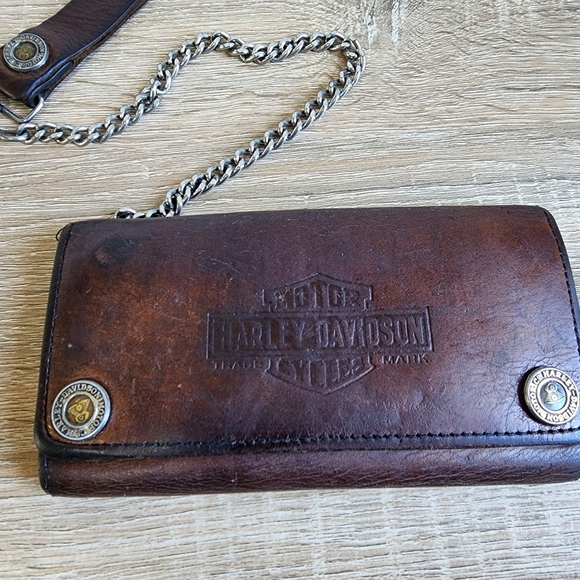 VINTAGE HARLEY DAVIDSON Motorcycle Tri Fold long Brown Leather Wallet & Chain - Picture 2 of 16
